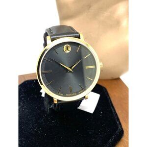 Movado Women's Watch 0607091 Swiss Quartz Slim Gold Black Dial Leather Band 35mm